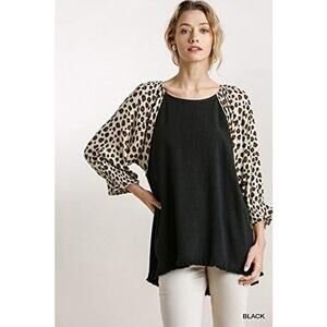 Umgee Linen-Blend Animal‎ Print Dolman Sleeve Top Black Size Small